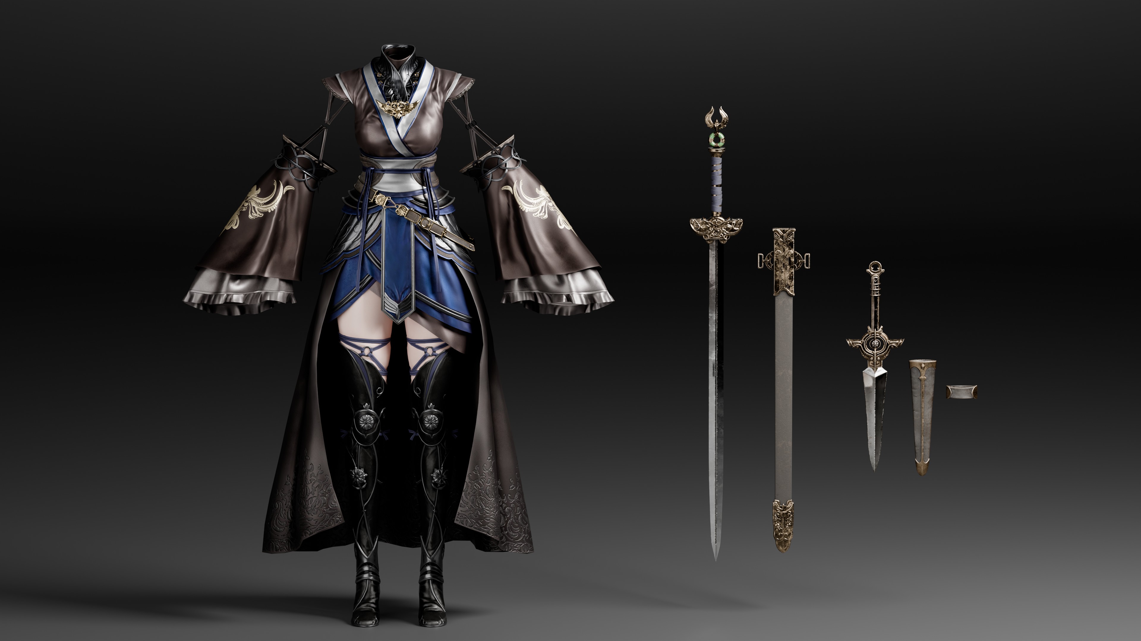 Phantom Blade Zero character props — sword, dagger, and cape variants