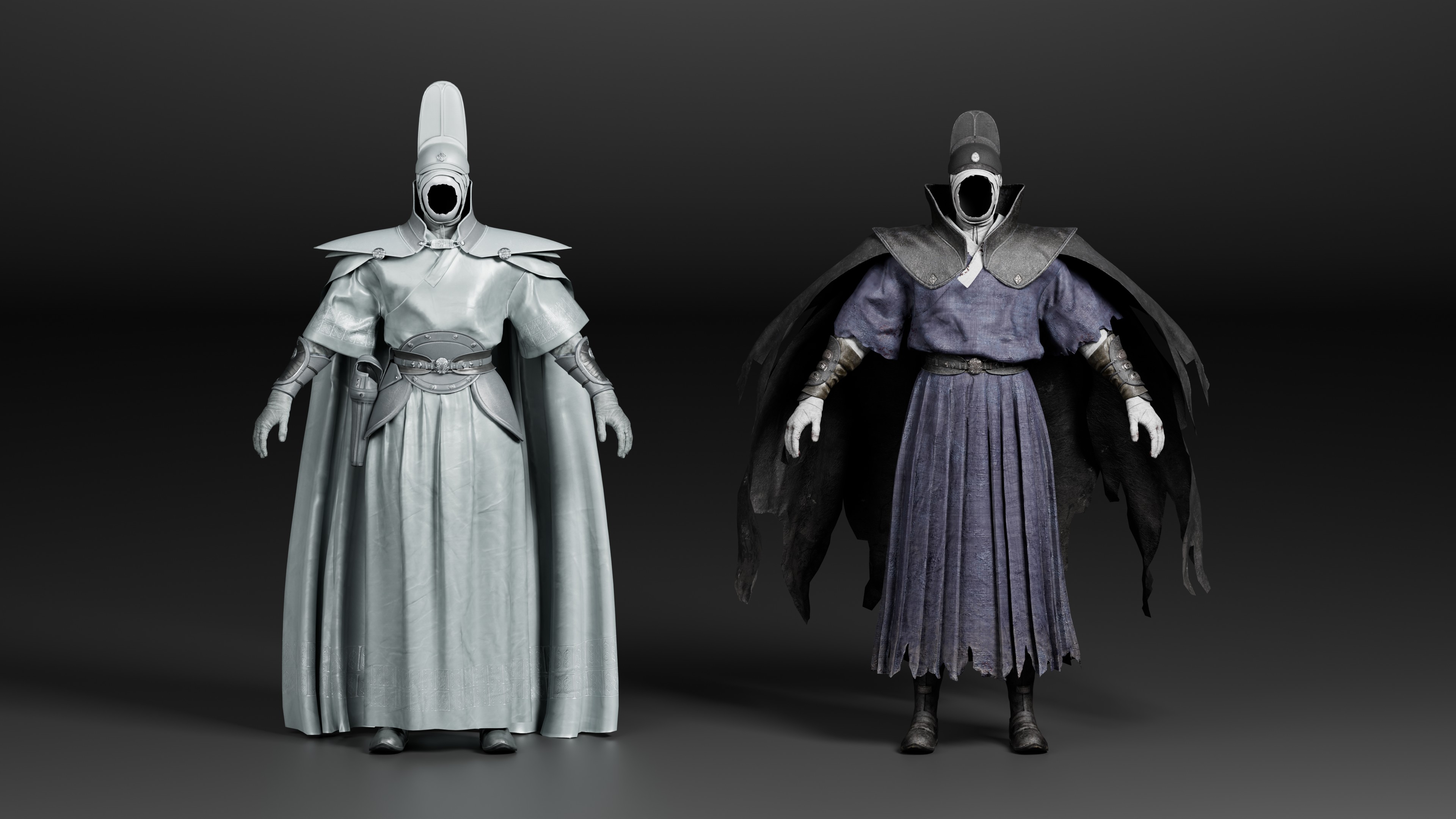 Phantom Blade Zero character render — clay and textured comparison